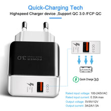 Load image into Gallery viewer, 3A Quick Charge 3.0 USB Charger EU Wall Mobile Phone Charger Adapter for iPhone X MAX 7 8 QC3.0 Fast Charging for Samsung Xiaomi
