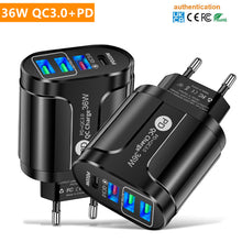 Load image into Gallery viewer, 36W PD+QC3. 0 2.4a EU US UK Standard Plug USB Charger Fast Charging Mobile Phone Charger 3usb With PD Charging Head For Phone

