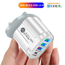 Load image into Gallery viewer, 36W PD+QC3. 0 2.4a EU US UK Standard Plug USB Charger Fast Charging Mobile Phone Charger 3usb With PD Charging Head For Phone
