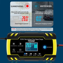 Load image into Gallery viewer, 12V/24V 8A Intelligent Car Motorcycle Battery Charger for Auto Moto Lead Acid AGM Gel VRLA Smart Charging Digital LCD Display
