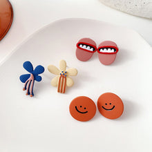 Load image into Gallery viewer, Cartoon Smiling Face Painted Earrings Female Cute Dripping Flower Earrings Creative Asymmetric Ear Clips Women Jewelry Accessories
