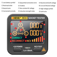 Load image into Gallery viewer, ANENG AC11 Digital Smart Socket Tester Multifunction Socket Voltage Test Socket Detector US/UK/EU/AU Plug Ground Zero Line Phase Check Rcd NCV Test
