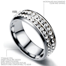 Load image into Gallery viewer, 8mm Stainless Steel Jewelry Double Row Diamond Titanium Steel Ring Couple Lover Rings Not Fade Hip-hop Simple Style
