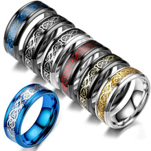 Load image into Gallery viewer, 8mm Stainless Steel Titanium Ring Celtic Dragon Rings 7 Colors Inlay Red Blue Black Carbon Fiber Ring Wedding Band Jewelry for Men Women Size 6-13

