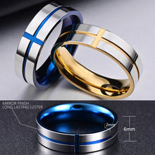 Load image into Gallery viewer, Titanium Steel Cross Rings Stainless Steel Solid Ring Blue Gold Ring Simple Design for Wedding Men Women Gift
