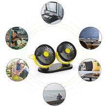 Load image into Gallery viewer, Car Fan 720 Degree Rotatable 3 Speed Dual Head Car Auto Cooling Air Circulator Fan for Van Suv Rv Boat Auto Vehicles
