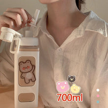 Load image into Gallery viewer, 700ml Square Bear Water Bottle Outdoor Water Bottle with Straw Plastic Portable Water Cup Dinkware Camping Bike Sports Bottle
