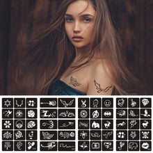 Load image into Gallery viewer, 15pcs/sheet Simple Tattoo Stencils Women Girls Kids Arm Back Neck Templates Cartoon Airbrush Paint Templates Decal
