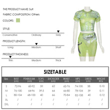 Load image into Gallery viewer, Women Two-piece Round Neck Short-sleeved Crop Mesh T-shirt Green Print High Waist Slim Tight Skirt Suit

