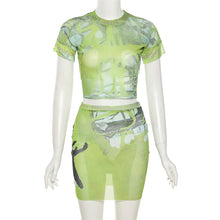Load image into Gallery viewer, Women Two-piece Round Neck Short-sleeved Crop Mesh T-shirt Green Print High Waist Slim Tight Skirt Suit
