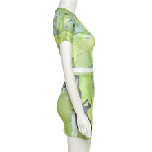 Load image into Gallery viewer, Women Two-piece Round Neck Short-sleeved Crop Mesh T-shirt Green Print High Waist Slim Tight Skirt Suit
