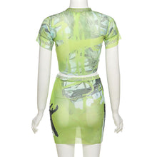 Load image into Gallery viewer, Women Two-piece Round Neck Short-sleeved Crop Mesh T-shirt Green Print High Waist Slim Tight Skirt Suit
