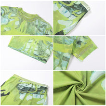 Load image into Gallery viewer, Women Two-piece Round Neck Short-sleeved Crop Mesh T-shirt Green Print High Waist Slim Tight Skirt Suit
