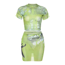 Load image into Gallery viewer, Women Two-piece Round Neck Short-sleeved Crop Mesh T-shirt Green Print High Waist Slim Tight Skirt Suit
