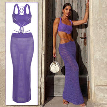 Load image into Gallery viewer, Fashion Solid Color Suspenders Outfit Hollow Mesh Women Slim Vest Sexy Low Waist Long Skirt Suit
