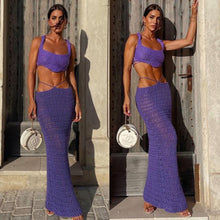 Load image into Gallery viewer, Fashion Solid Color Suspenders Outfit Hollow Mesh Women Slim Vest Sexy Low Waist Long Skirt Suit
