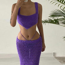 Load image into Gallery viewer, Fashion Solid Color Suspenders Outfit Hollow Mesh Women Slim Vest Sexy Low Waist Long Skirt Suit
