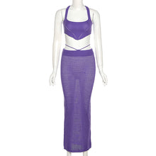 Load image into Gallery viewer, Fashion Solid Color Suspenders Outfit Hollow Mesh Women Slim Vest Sexy Low Waist Long Skirt Suit
