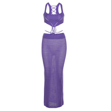 Load image into Gallery viewer, Fashion Solid Color Suspenders Outfit Hollow Mesh Women Slim Vest Sexy Low Waist Long Skirt Suit

