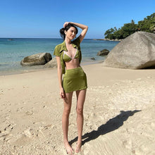 Load image into Gallery viewer, Summer Women Three-piece Set Short-sleeved Cardigan Camisole Suspenders High Waist Skirt Solid Color Outfit
