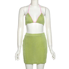 Load image into Gallery viewer, Summer Women Three-piece Set Short-sleeved Cardigan Camisole Suspenders High Waist Skirt Solid Color Outfit
