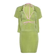 Load image into Gallery viewer, Summer Women Three-piece Set Short-sleeved Cardigan Camisole Suspenders High Waist Skirt Solid Color Outfit
