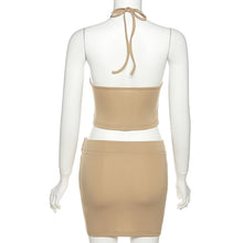 Load image into Gallery viewer, Solid Color Women Halter Neck Outfit Spring Summer Backless V-neck Vest High Waist Belt Tight Skirt Two-piece Suit
