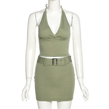 Load image into Gallery viewer, Solid Color Women Halter Neck Outfit Spring Summer Backless V-neck Vest High Waist Belt Tight Skirt Two-piece Suit

