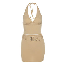 Load image into Gallery viewer, Solid Color Women Halter Neck Outfit Spring Summer Backless V-neck Vest High Waist Belt Tight Skirt Two-piece Suit
