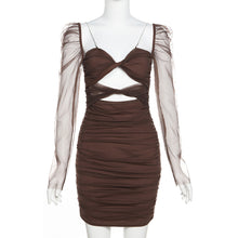 Load image into Gallery viewer, Daily Leisure Mesh Long Sleeve Square Neck Fashion Elegant Women Slim Pleated Tight Hollow Waist Brown Long Dress
