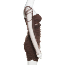Load image into Gallery viewer, Daily Leisure Mesh Long Sleeve Square Neck Fashion Elegant Women Slim Pleated Tight Hollow Waist Brown Long Dress
