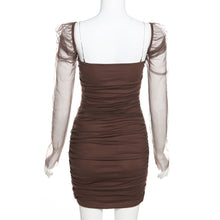 Load image into Gallery viewer, Daily Leisure Mesh Long Sleeve Square Neck Fashion Elegant Women Slim Pleated Tight Hollow Waist Brown Long Dress
