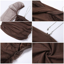 Load image into Gallery viewer, Daily Leisure Mesh Long Sleeve Square Neck Fashion Elegant Women Slim Pleated Tight Hollow Waist Brown Long Dress

