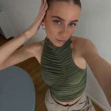 Load image into Gallery viewer, Round Neck Sleeveless Smocked Slim Women Top Summer Fashion Pleated Halter Neck Solid Color T-shirt
