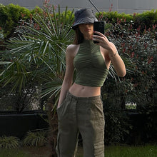 Load image into Gallery viewer, Round Neck Sleeveless Smocked Slim Women Top Summer Fashion Pleated Halter Neck Solid Color T-shirt
