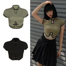 Load image into Gallery viewer, Chinese Style Retro Round Neck Short Sleeve Crop Top Hollow Slim Fit Fashion Women Vintage T-shirt

