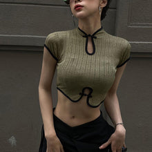Load image into Gallery viewer, Chinese Style Retro Round Neck Short Sleeve Crop Top Hollow Slim Fit Fashion Women Vintage T-shirt
