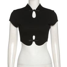 Load image into Gallery viewer, Chinese Style Retro Round Neck Short Sleeve Crop Top Hollow Slim Fit Fashion Women Vintage T-shirt
