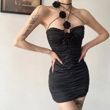 Load image into Gallery viewer, Cool Sexy Strapless Halterneck Dress Women Summer Fashion 3D Rose Pleated Off-shoulder Hollow Hip Slim Dress Solid Color
