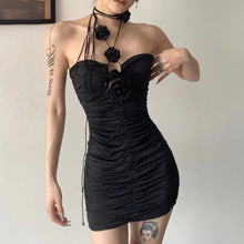 Load image into Gallery viewer, Cool Sexy Strapless Halterneck Dress Women Summer Fashion 3D Rose Pleated Off-shoulder Hollow Hip Slim Dress Solid Color
