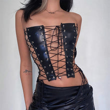 Load image into Gallery viewer, Cool Street Style Sexy Cutout Lace-up Fishbone Faux Leather Tunic Top Women Sleeveless Slim Fit Camisole Tight Waist Crop Top
