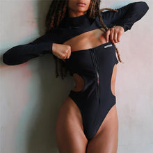 Load image into Gallery viewer, Women Black Super Sexy Jumpsuit Round Neck Wrap Chest Open Back Slim Fit Long Sleeve Bodysuit For Beach Date Onesies Two-piece
