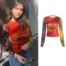 Load image into Gallery viewer, Round Neck Long Sleeve Crop Top Vogue Print Daily Versatile Women Wrap Chest Slim Fit Mesh T-shirt
