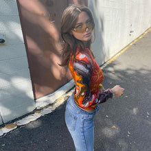 Load image into Gallery viewer, Round Neck Long Sleeve Crop Top Vogue Print Daily Versatile Women Wrap Chest Slim Fit Mesh T-shirt
