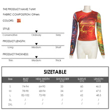 Load image into Gallery viewer, Round Neck Long Sleeve Crop Top Vogue Print Daily Versatile Women Wrap Chest Slim Fit Mesh T-shirt

