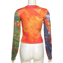Load image into Gallery viewer, Round Neck Long Sleeve Crop Top Vogue Print Daily Versatile Women Wrap Chest Slim Fit Mesh T-shirt
