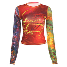 Load image into Gallery viewer, Round Neck Long Sleeve Crop Top Vogue Print Daily Versatile Women Wrap Chest Slim Fit Mesh T-shirt
