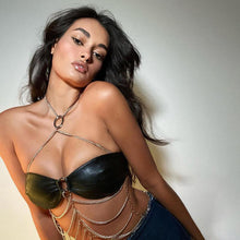 Load image into Gallery viewer, PU Leather Sexy Hot Babes T-shirt Summer Cross Chain Halterneck Outer Wear Tube Top Women Underwear Bandeau Top
