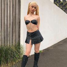 Load image into Gallery viewer, PU Leather Sexy Hot Babes T-shirt Summer Cross Chain Halterneck Outer Wear Tube Top Women Underwear Bandeau Top
