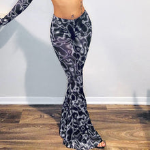 Load image into Gallery viewer, Fashion Printed Modern Street Women Bell-bottomed Pants High Waist Gauze Slightly Transparent Casual Ladies Flared Trousers
